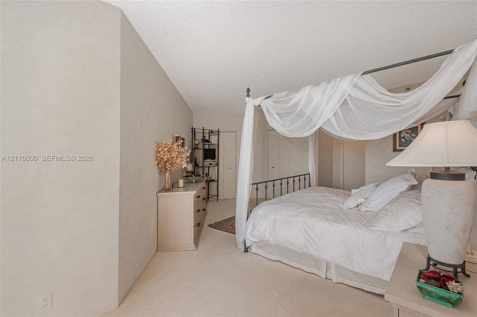 Neutral interior space featuring textured wall finishes, carpeted flooring, and a dual-panel closet door