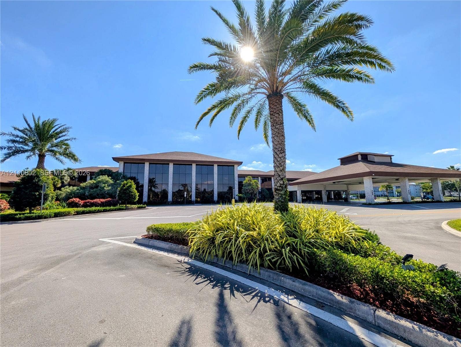 Commercial property exterior featuring a multi-story glass-paneled facade, extended porte-cochre, paved asphalt surface, and landscaped grounds with mature palm trees