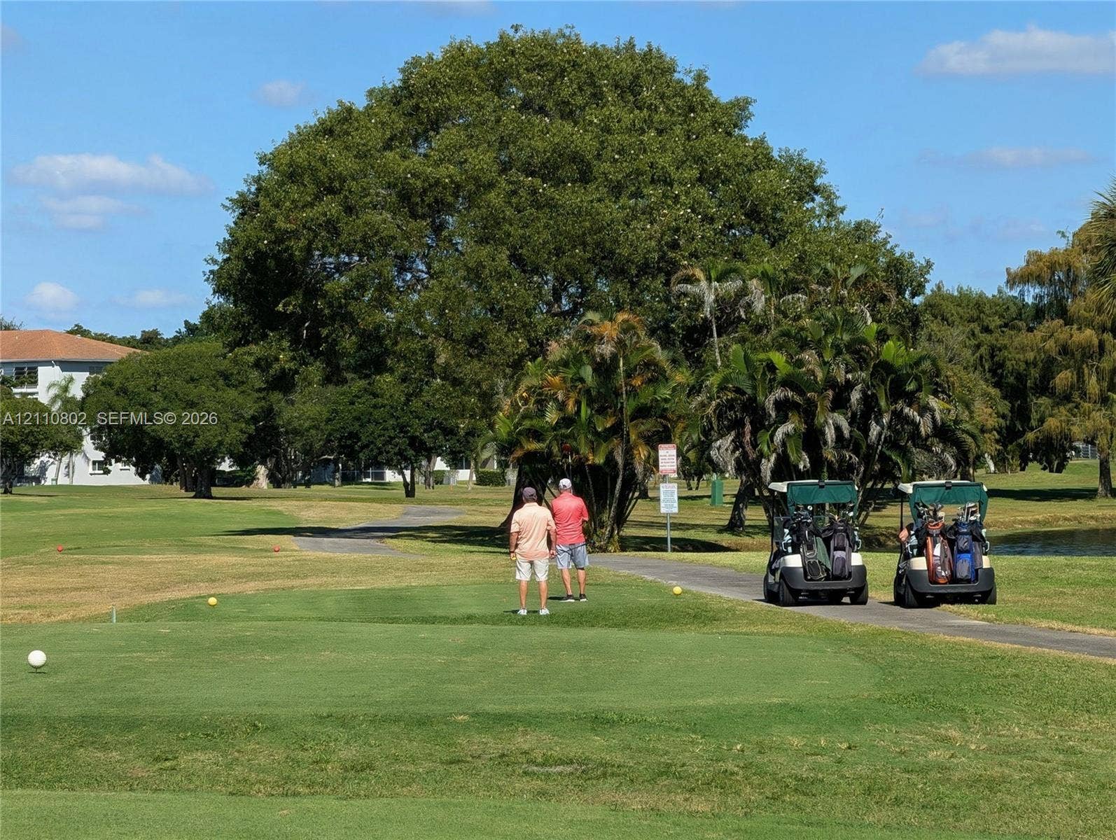 Golf course setting featuring expansive manicured greens, mature trees, and a paved cart path
