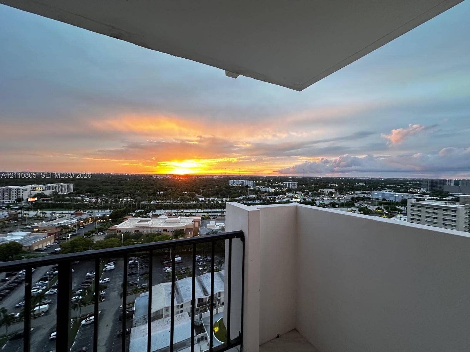 Private balcony featuring a metal railing and an expansive urban horizon