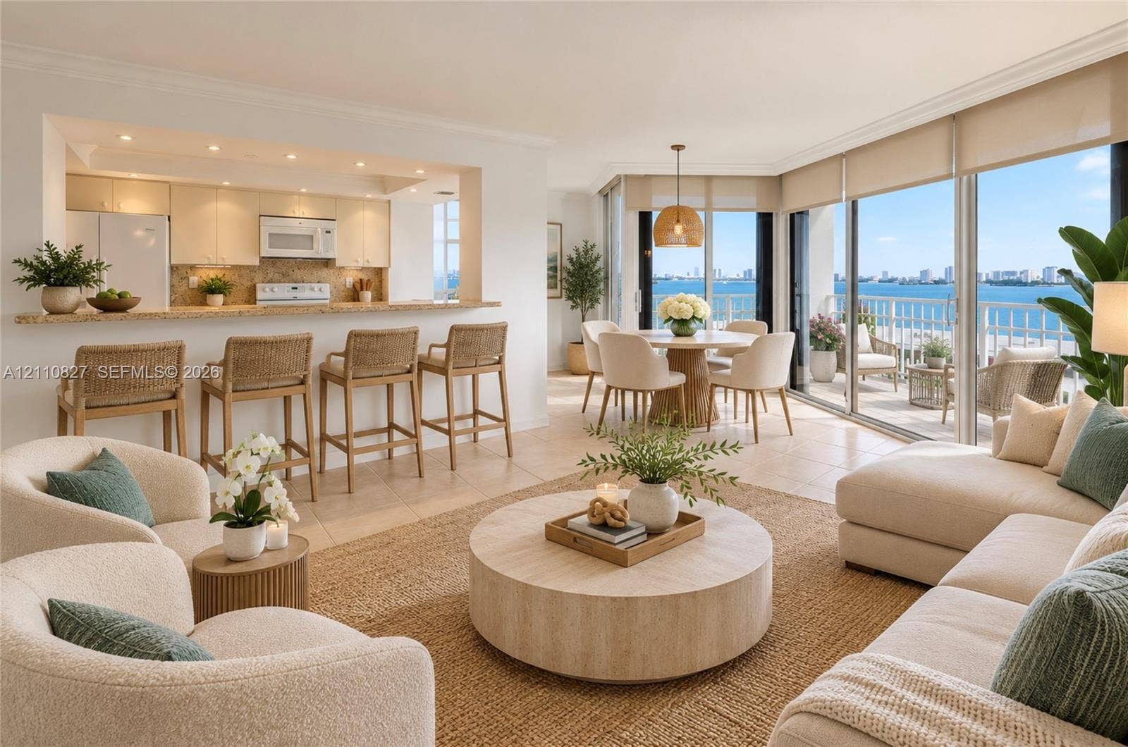 4000 Towerside Terrace, #908, Miami, Miami, FL 33138 Open-concept living space featuring tile flooring, a kitchen breakfast bar with stone-surface countertop, recessed ceiling lighting, and floor-to-ceiling sliding glass doors providing access to a private balcony