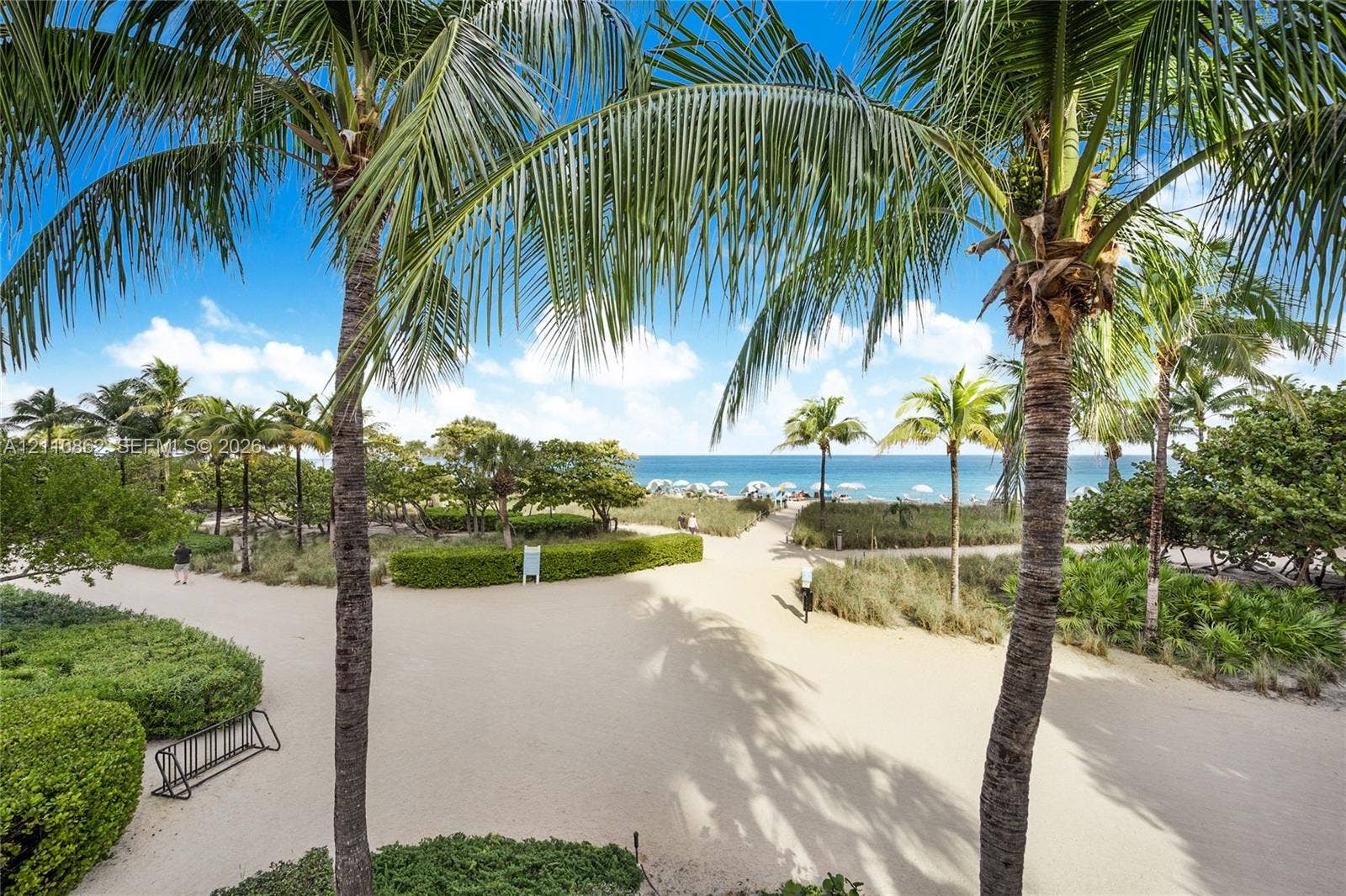 9801 Collins Avenue, #8T, Bal Harbour, Bal Harbour, FL 33154 Back of the Balmoral grounds featuring mature palm trees, manicured hedges, sand pathways, and direct ocean access