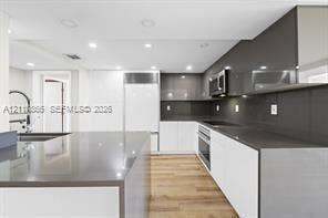 Kitchen featuring white flat-panel cabinetry, dark solid-surface countertops, full-height backsplash, stainless steel built-in appliances, and wood-finish flooring