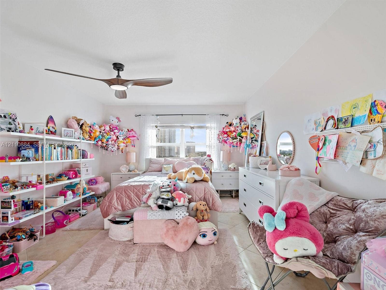 400 Diplomat Parkway, #805, Hallandale Beach, FL 33009 Bedroom featuring large windows with water, lake, tropical oasis, Shell Bay Golf Club views, large set neutral tile flooring, and an adjustable modern ceiling fan with integrated lighting and remote