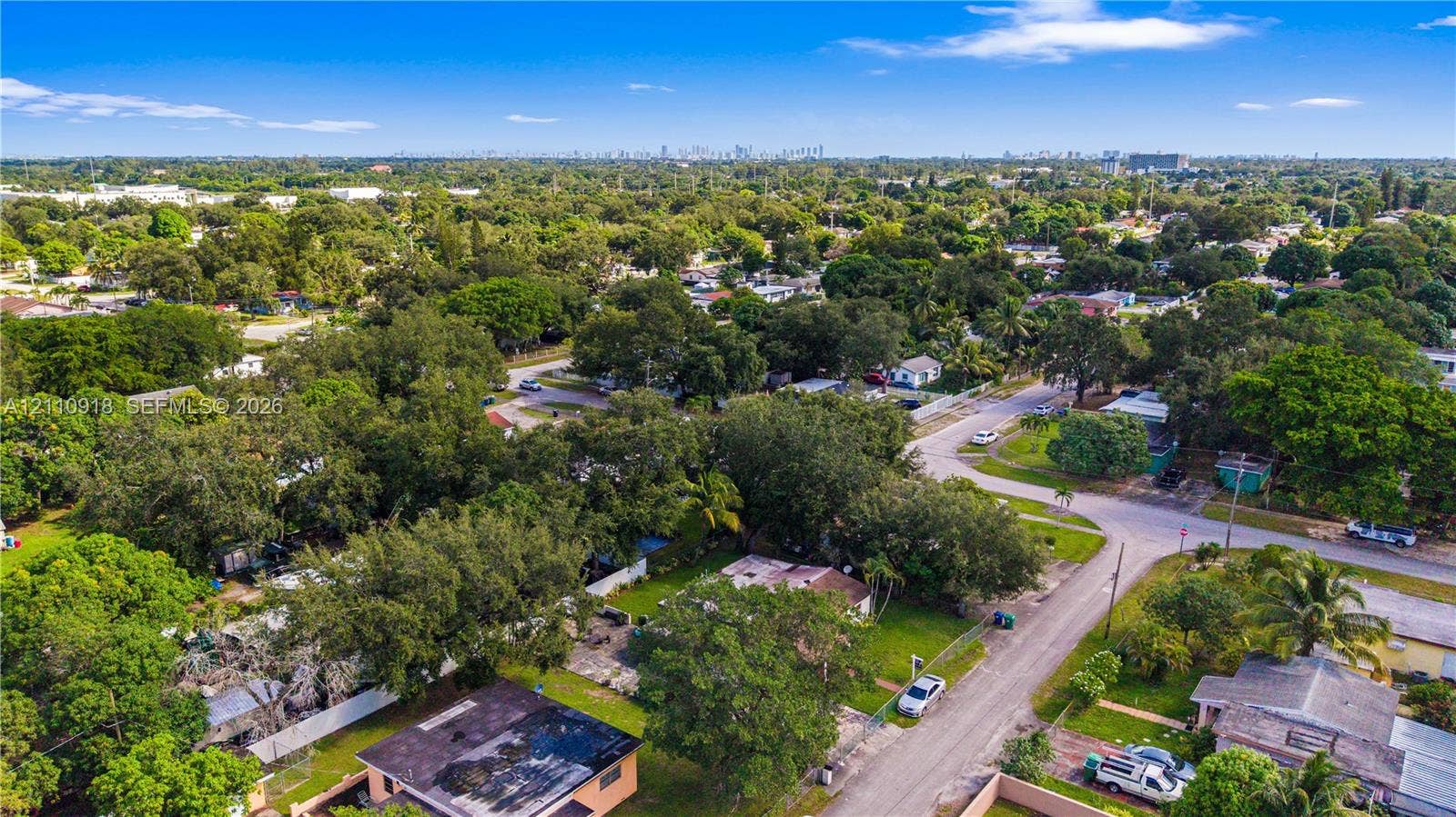 2007 NW 89th Street, Miami, FL 33147 Aerial perspective of a residential lot featuring mature trees, perimeter fencing, and established vegetation