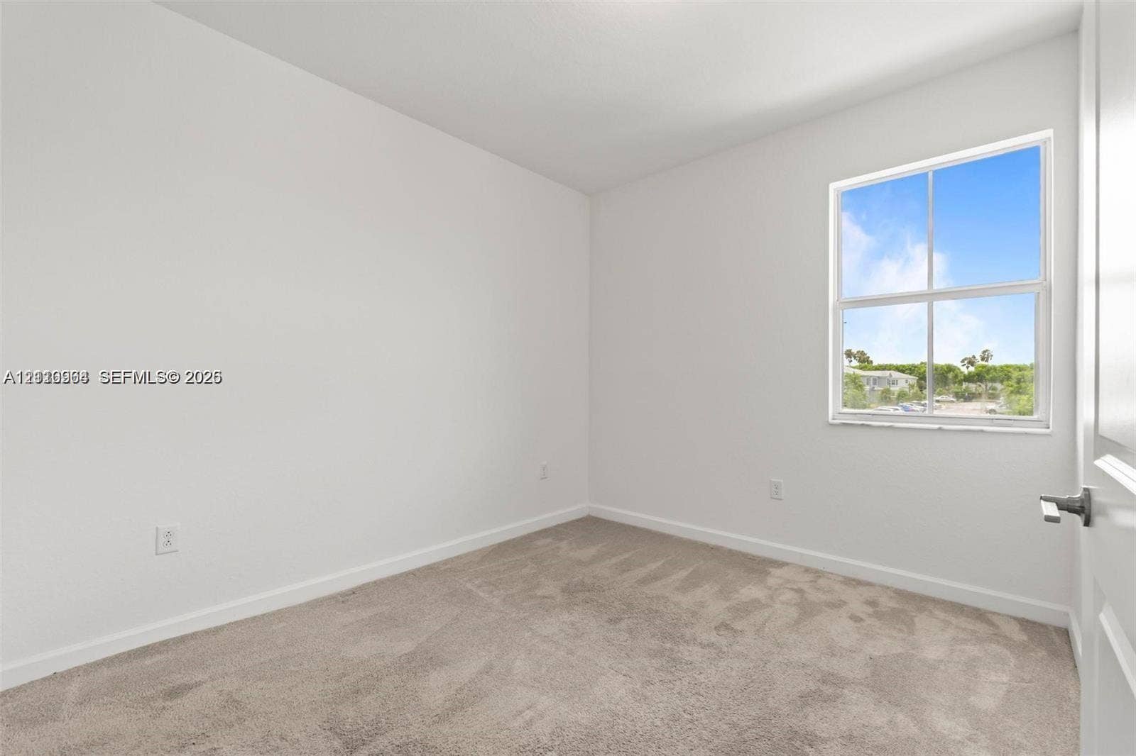 Neutral-toned carpeting, crisp white wall finishes, and a single-hung window with muntin dividers