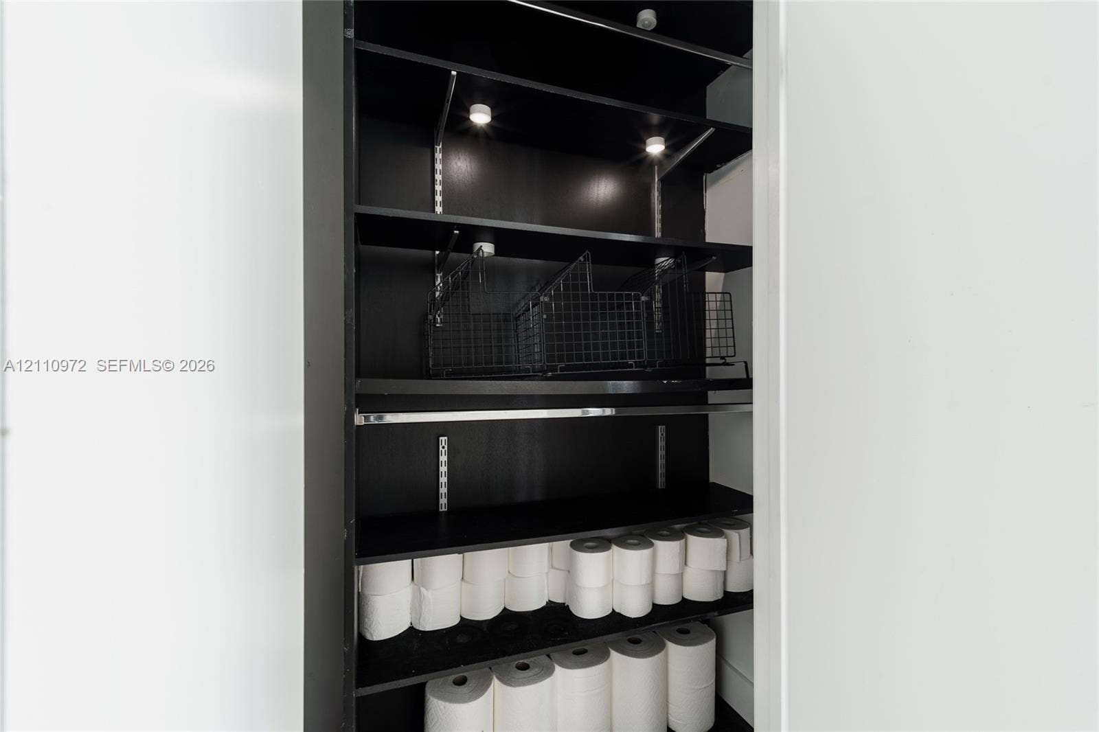 Storage closet featuring adjustable shelving, integrated puck lighting, and a built-in metal hanging rod
