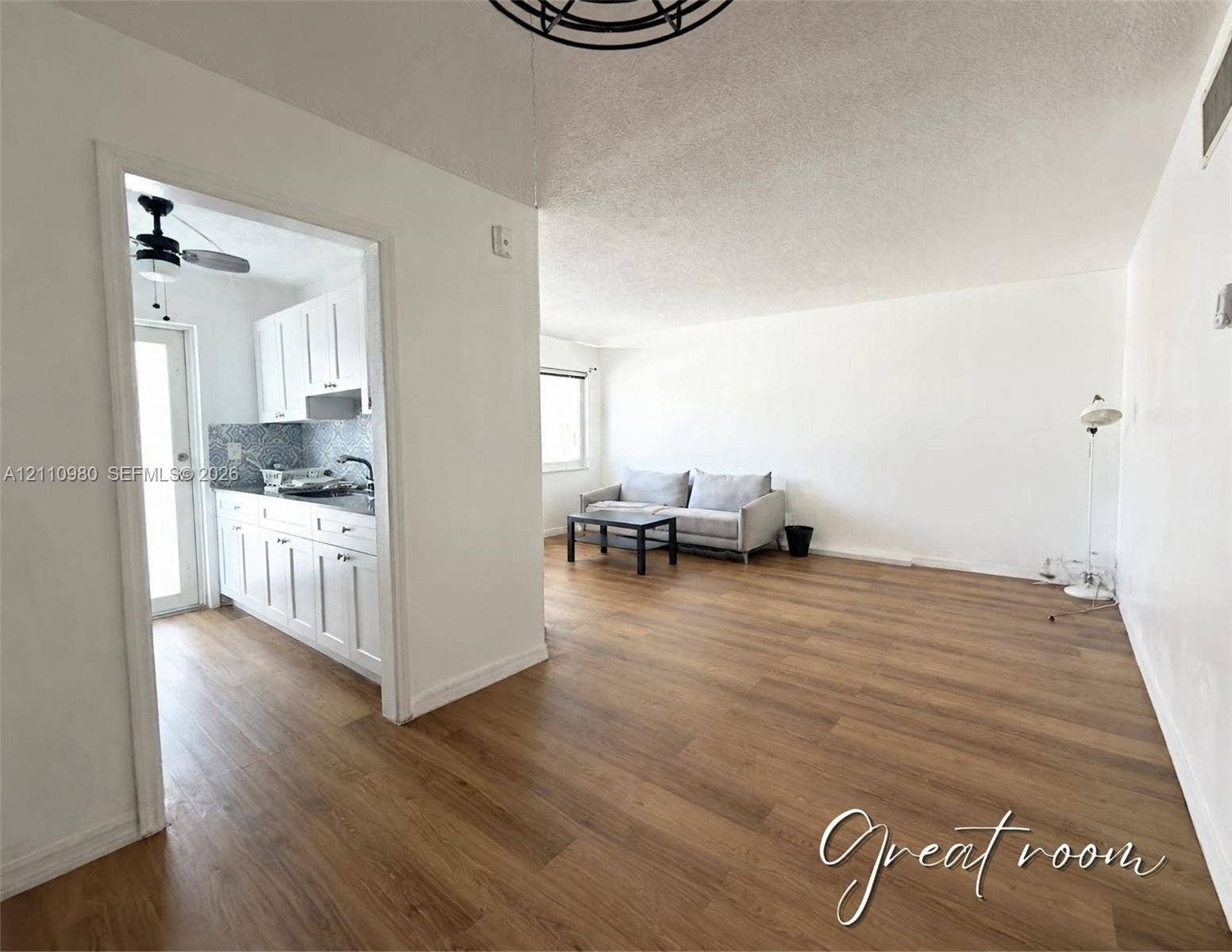 Open floor plan featuring wood-finish flooring, white cabinetry, a glass-paneled exterior door, and an industrial-style ceiling fixture