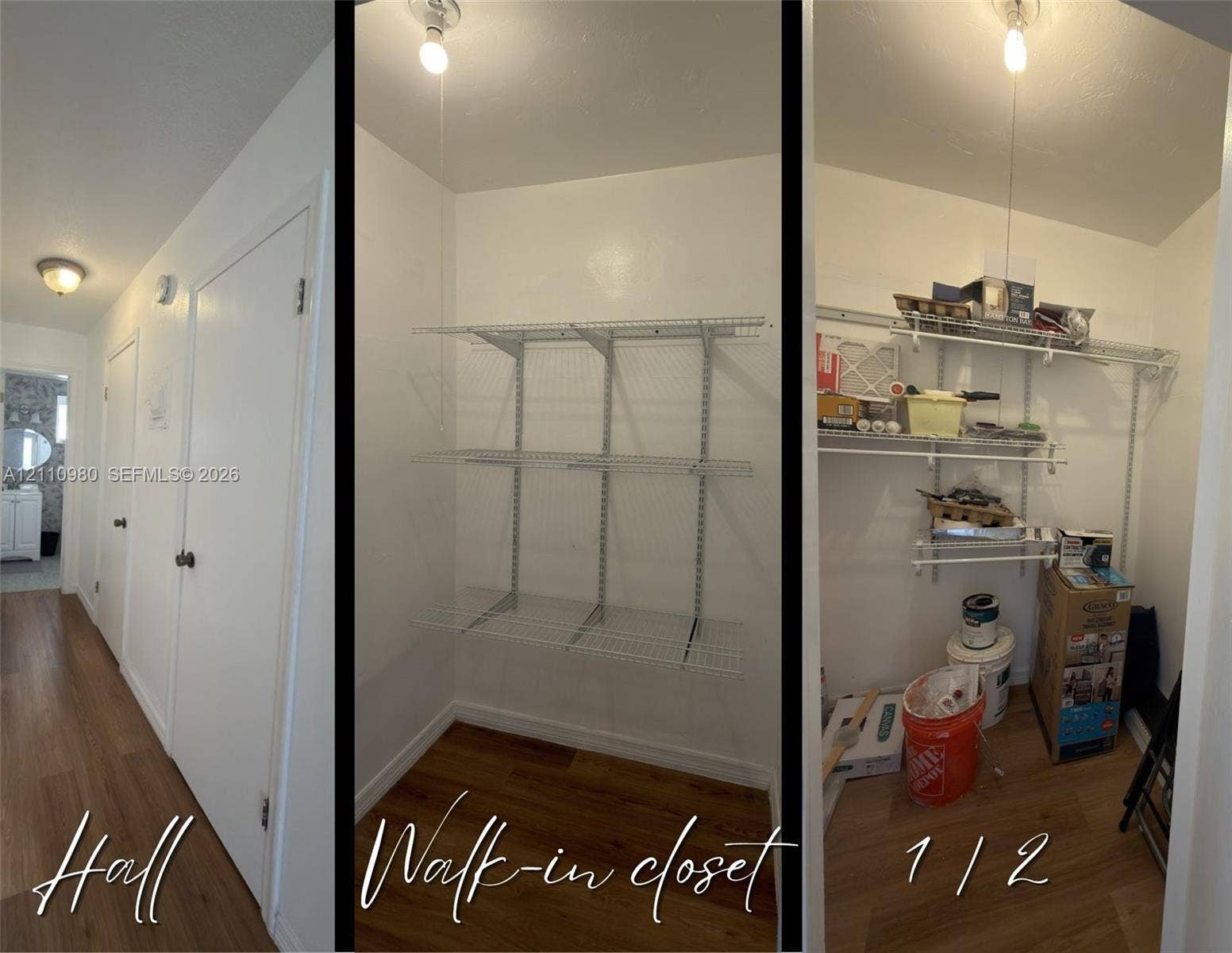 Interior hallway featuring wood-finish flooring and multiple doors, paired with walk-in closet storage equipped with adjustable wire shelving systems