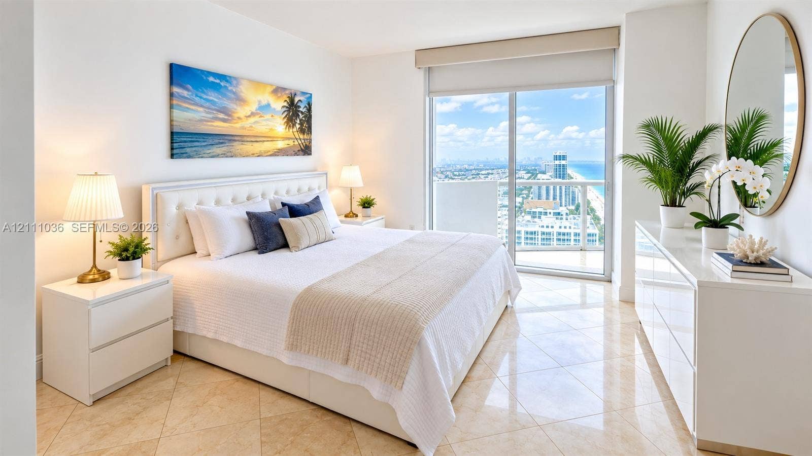 6365 Collins Avenue, #3811, Miami Beach, FL 33141 Floor-to-ceiling sliding glass doors with balcony access, large-format tile flooring, and coastal skyline scenery