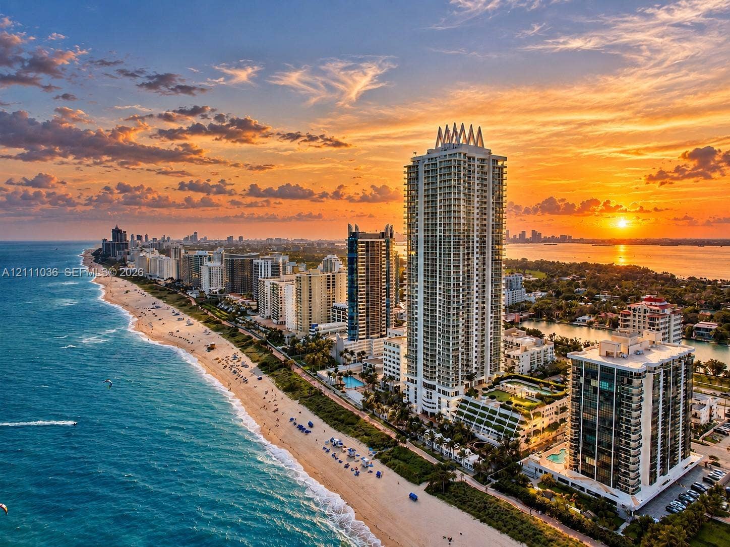 6365 Collins Avenue, #3811, Miami Beach, FL 33141 Aerial coastal location featuring direct ocean frontage, expansive shoreline access, and proximity to major high-rise development