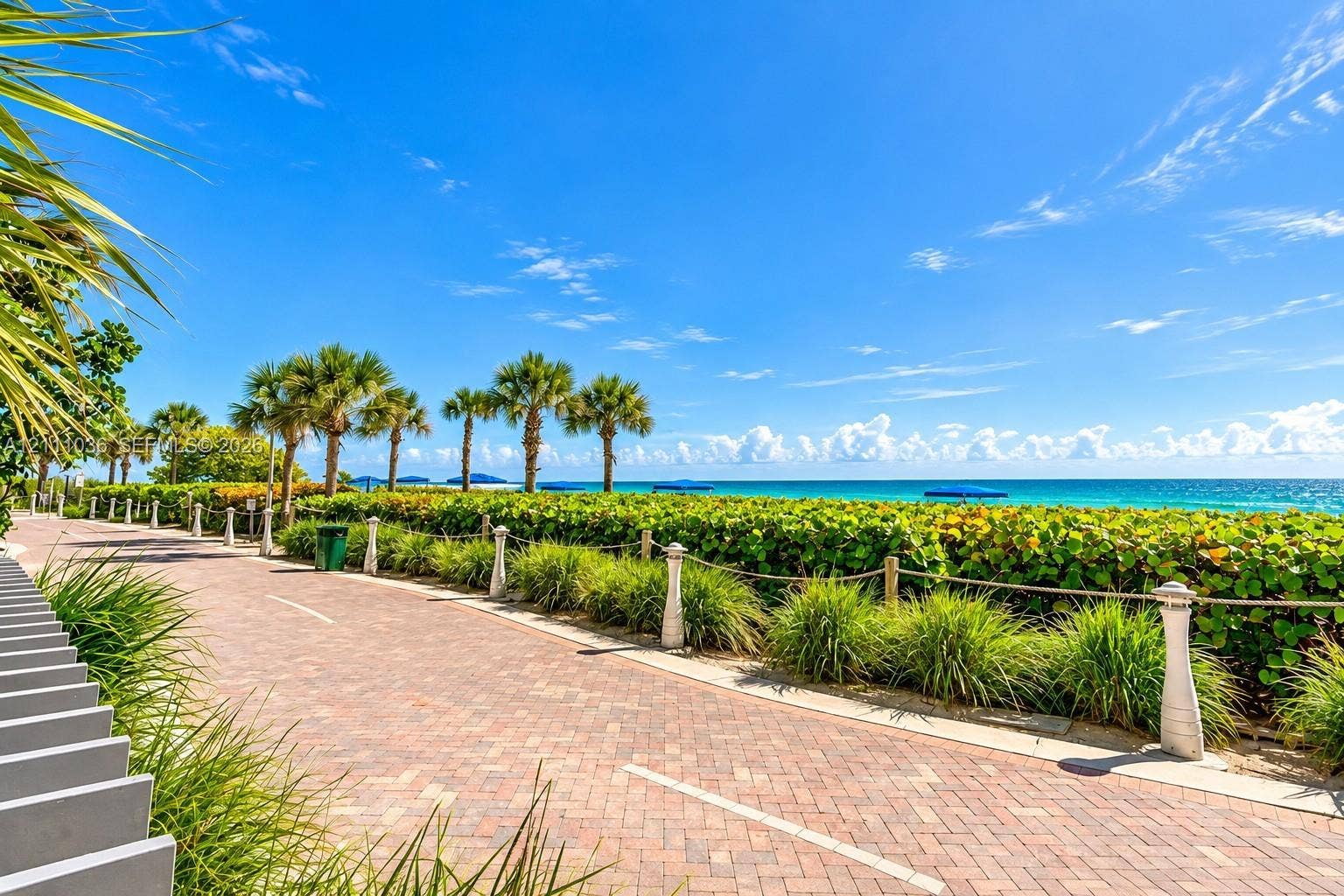 6365 Collins Avenue, #3811, Miami Beach, FL 33141 Brick-paver pathway featuring rope fencing, ornamental grasses, and mature palm trees