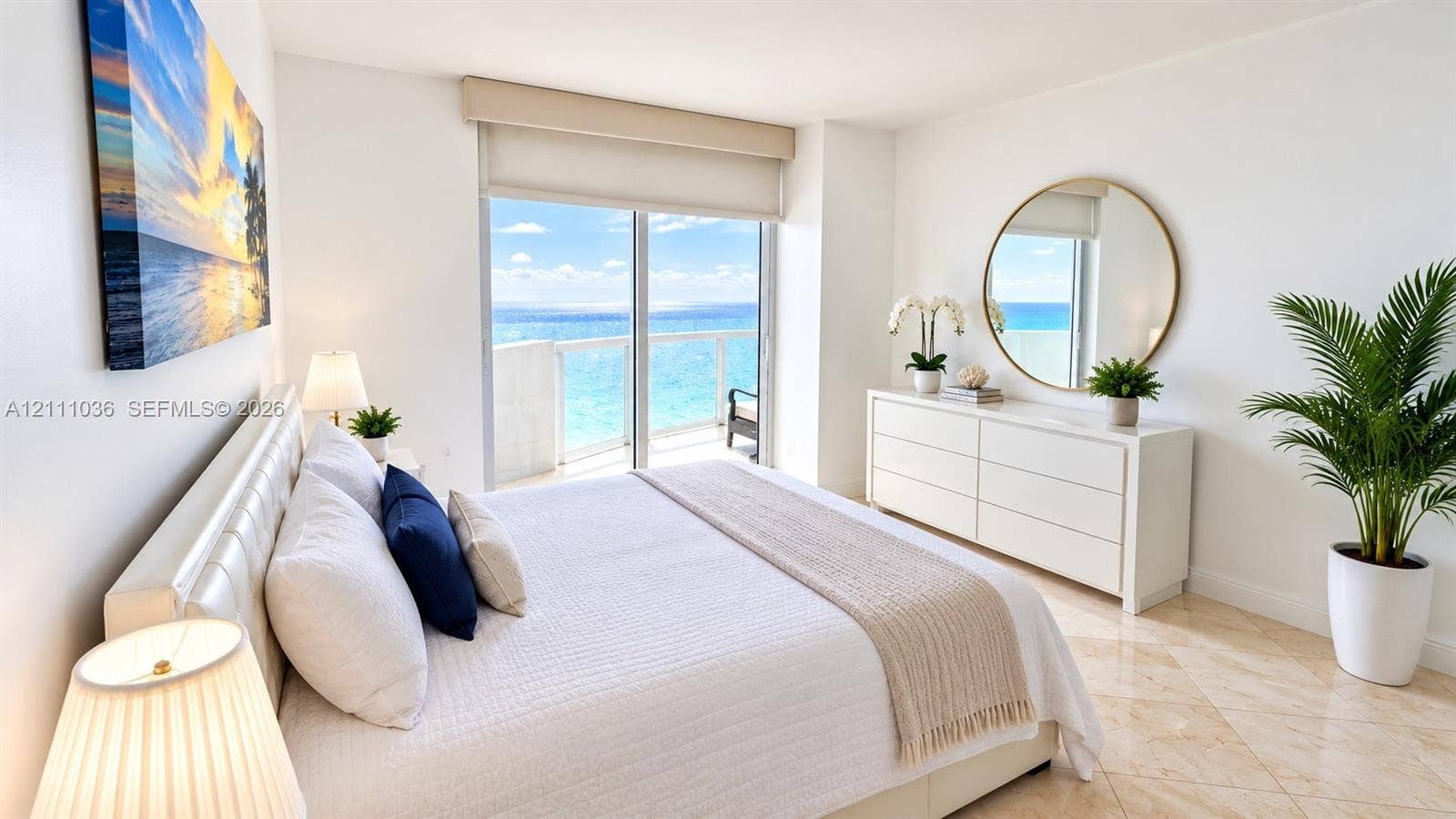 6365 Collins Avenue, #3811, Miami Beach, FL 33141 Polished stone flooring, floor-to-ceiling sliding glass doors, and a private balcony overlooking the ocean