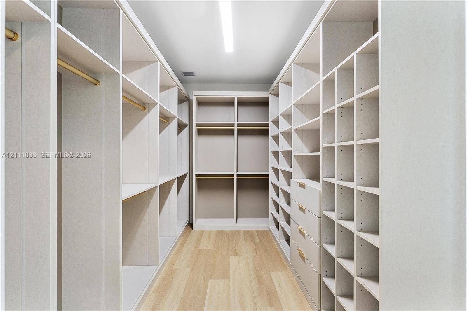 Walk-in closet featuring extensive built-in shelving, integrated dresser drawers, brass-tone hanging rods, and wood-finish flooring