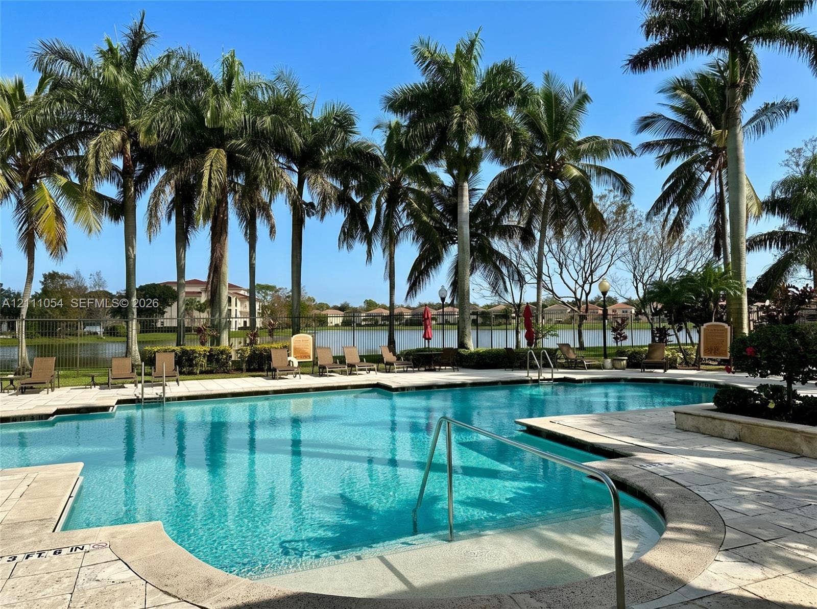 4180 San Marino Boulevard, #106, West Palm Beach, FL 33409 In-ground swimming pool featuring a stone-tile deck, integrated metal handrails, and surrounding mature palm trees