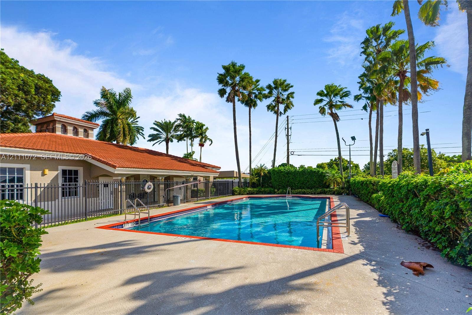 In-ground swimming pool with a red-tiled coping, surrounded by a concrete deck, metal perimeter fencing, and mature palm trees