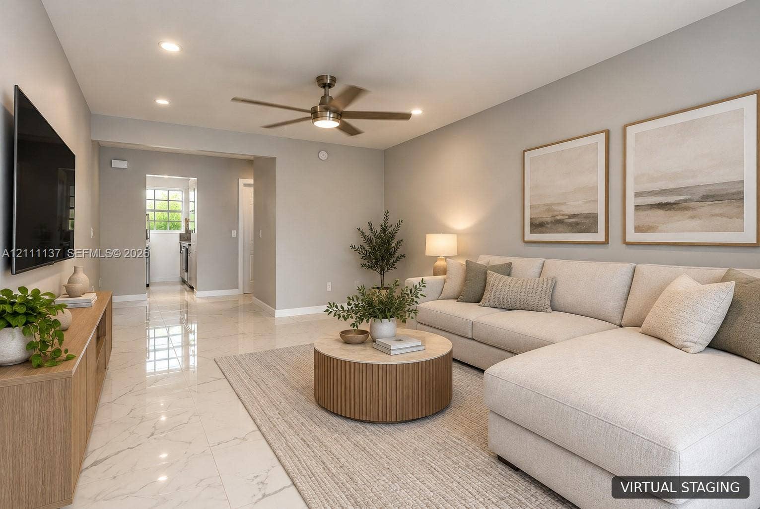 635 8th Street, #205, Miami Beach, Miami Beach, FL 33139 Living area featuring neutral wall paint, polished tile flooring, and a multi-blade ceiling fan with integrated lighting