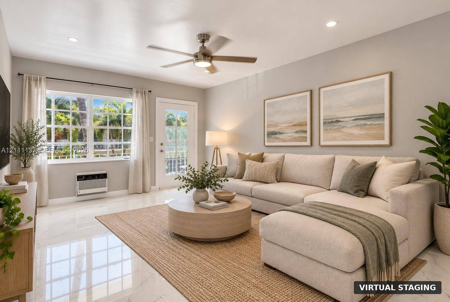 635 8th Street, #205, Miami Beach, Miami Beach, FL 33139 Living area featuring polished stone-finish flooring, recessed lighting, a ceiling fan with integrated light fixture, large multi-pane windows, and a glass-paneled exterior door