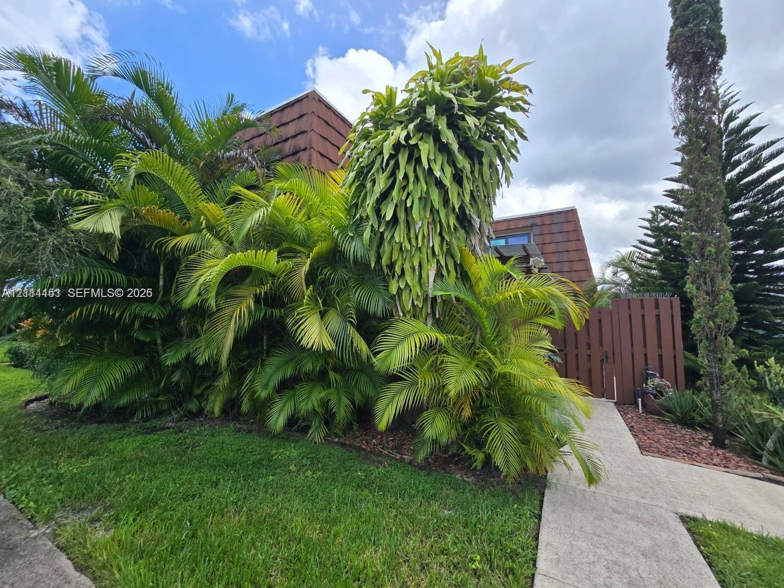 Exterior facade featuring dark-toned shingle roofing, integrated privacy fencing, and lush tropical landscaping