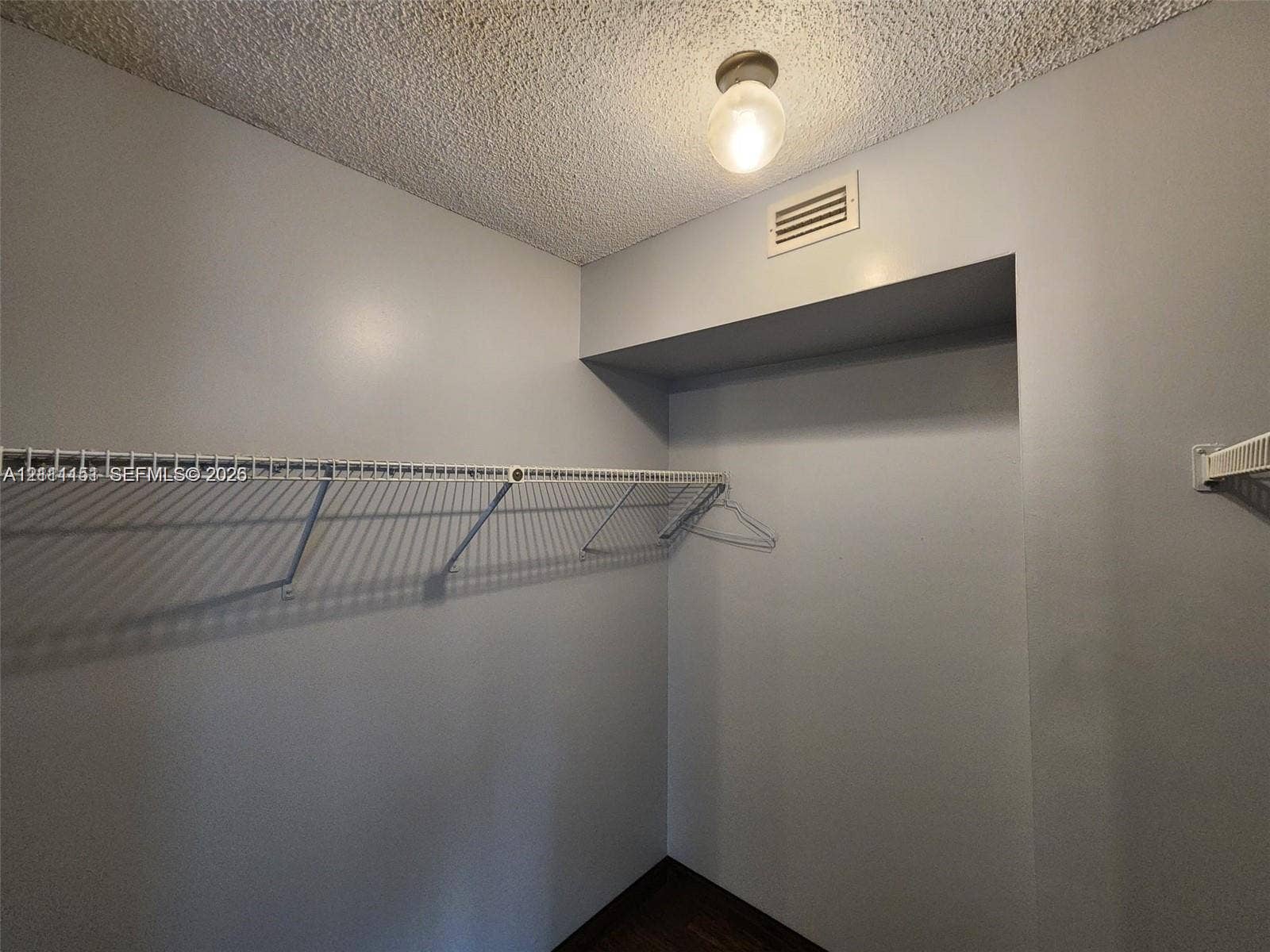 Walk-in storage space featuring built-in wire shelving and a ceiling-mounted globe light fixture