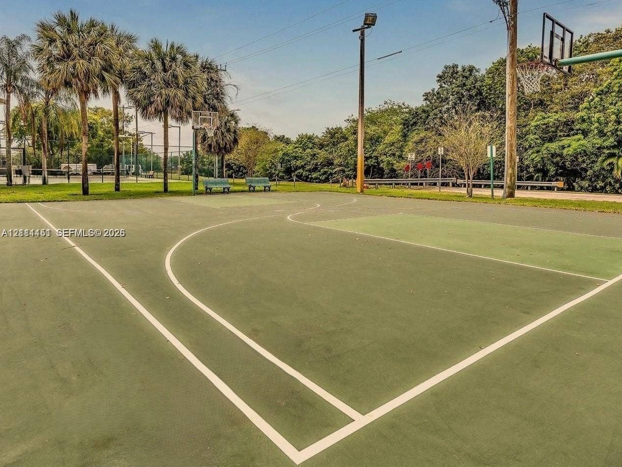Recreational basketball court featuring painted surfacing, overhead lighting, integrated hoop systems, and perimeter bench seating