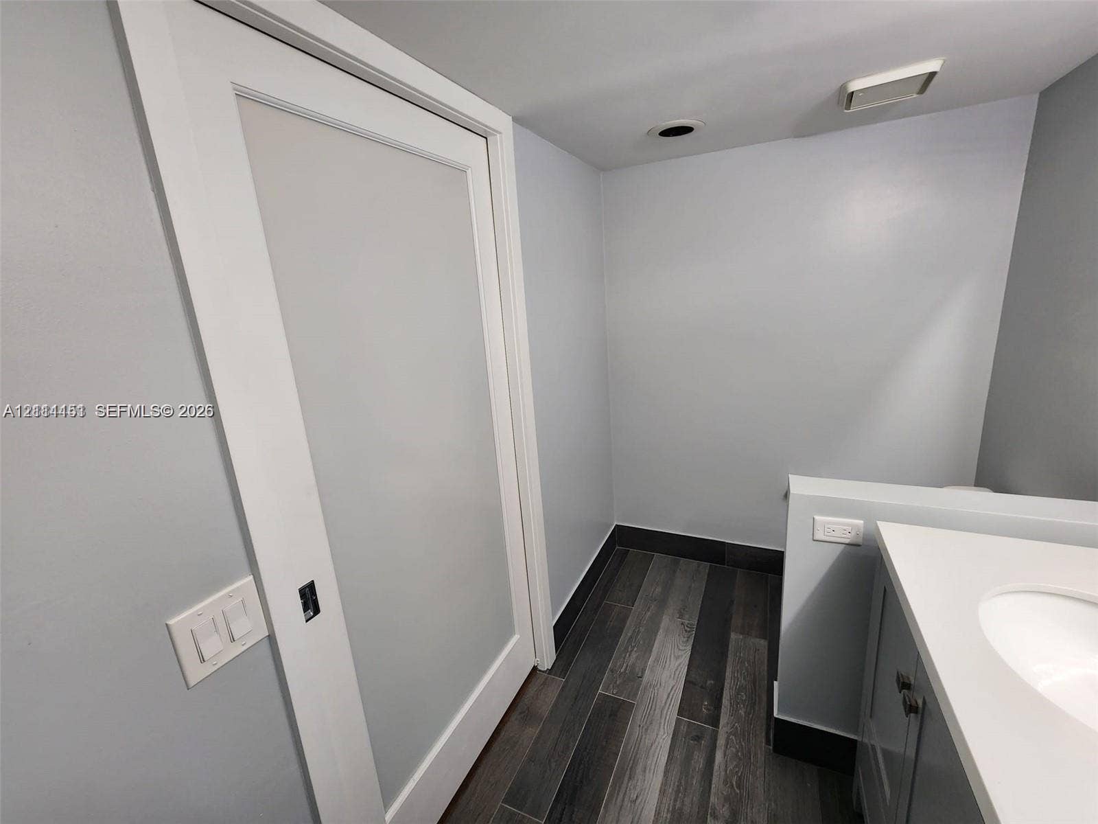 Interior space featuring wood-finish flooring, a white vanity with an integrated sink, and a white paneled sliding pocket door