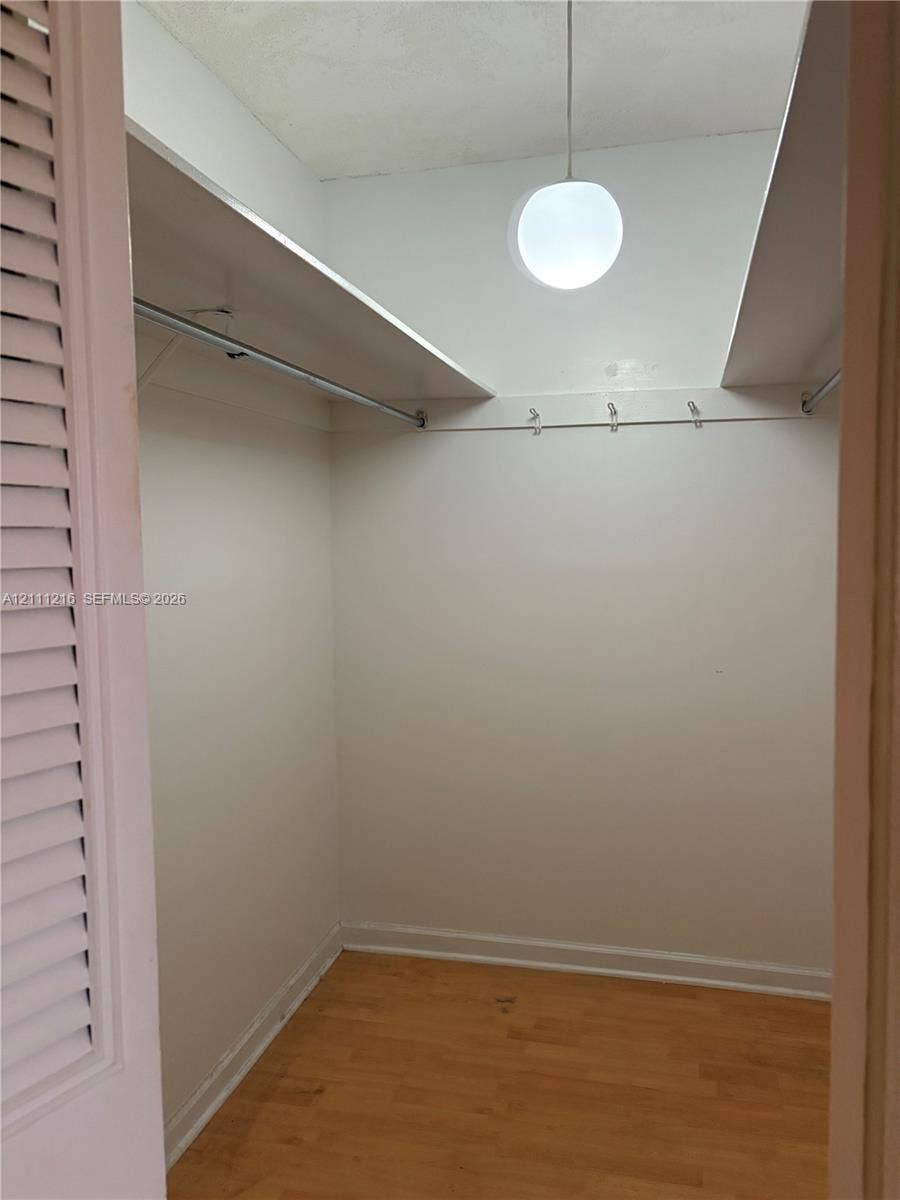 525 Coral Way, #303, Coral Gables, Coral Gables, FL 33134 Walk-in closet featuring wood-finish flooring, built-in shelving, metal garment rods, wall-mounted hooks, and spherical pendant lighting