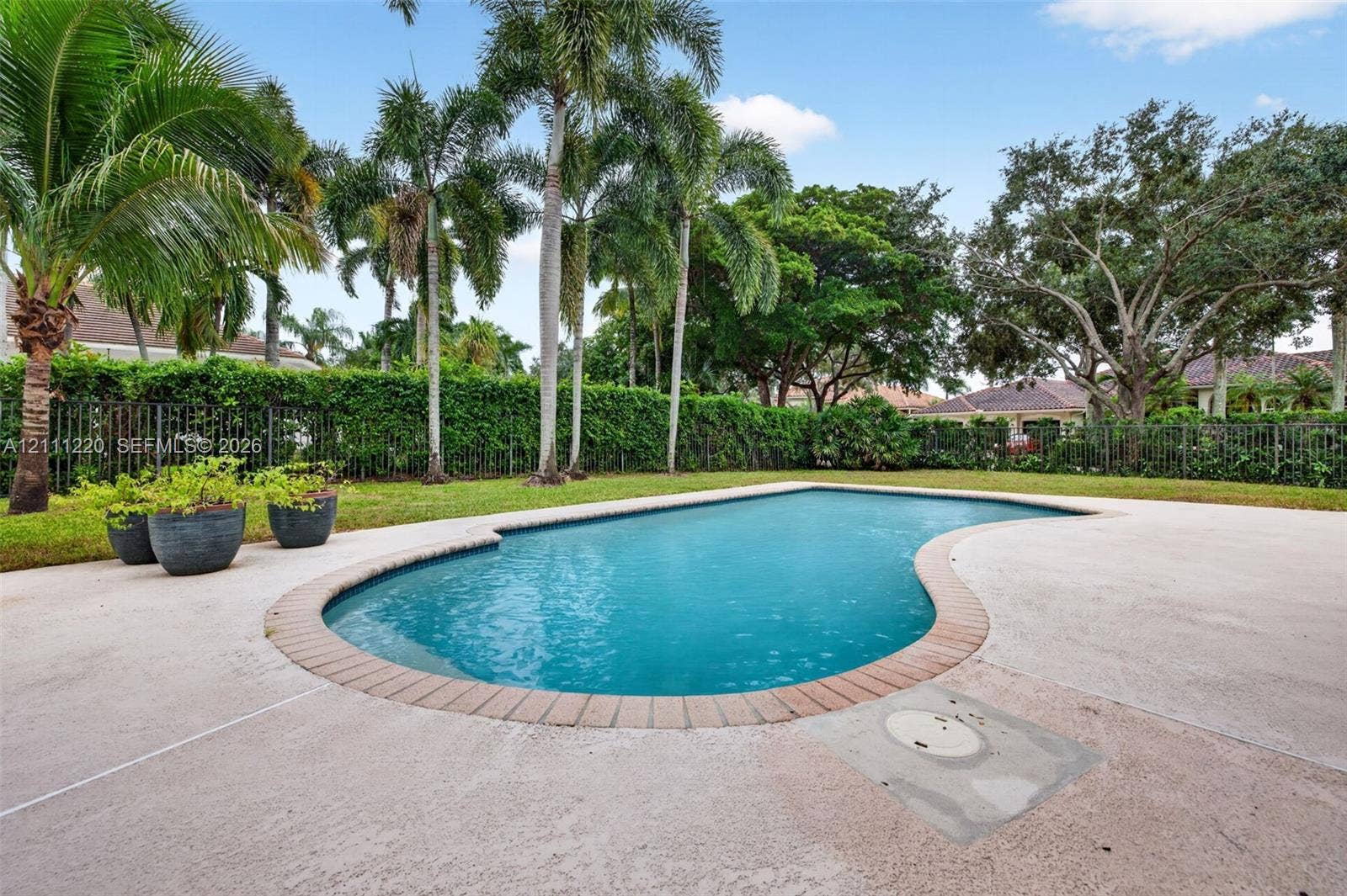 134 Dockside Terrace, Weston, FL 33327 Swimming pool with a brick paver border, expansive concrete decking, manicured lawn, perimeter fencing, and mature palm trees