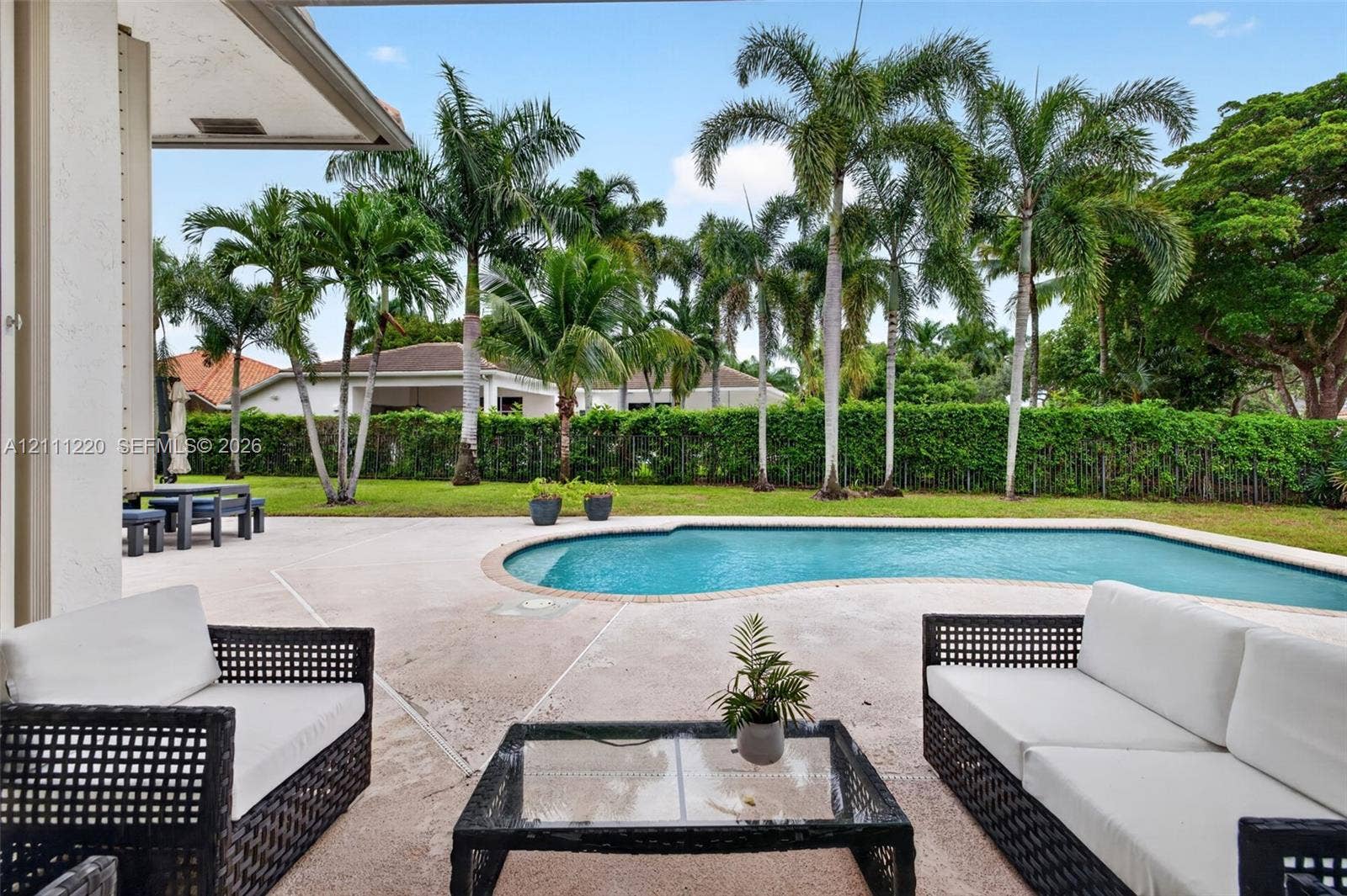 134 Dockside Terrace, Weston, FL 33327 Covered patio featuring a concrete deck, curvilinear swimming pool, manicured lawn, and perimeter hedging with mature palm trees
