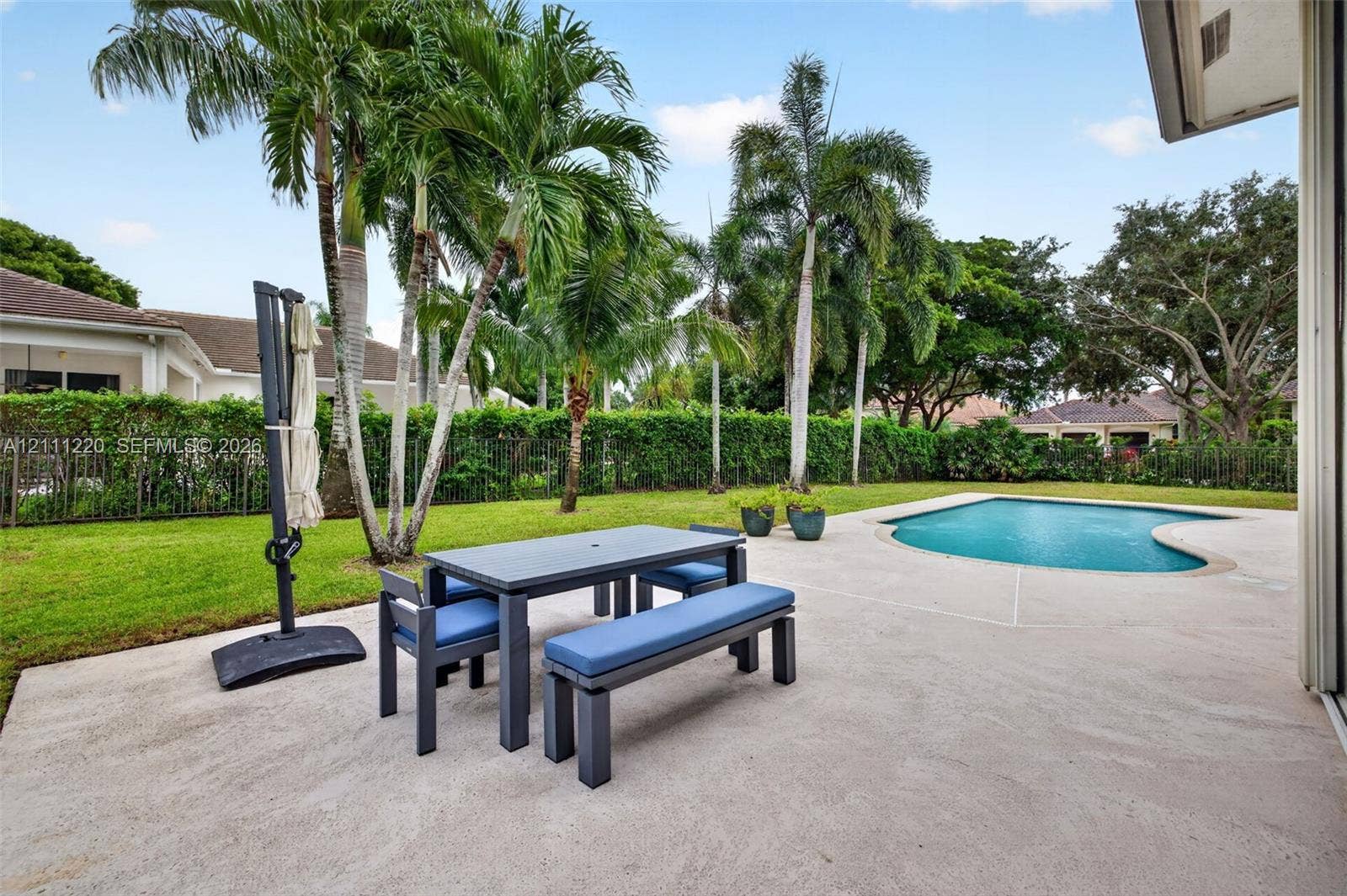 134 Dockside Terrace, Weston, FL 33327 Backyard featuring a concrete patio, kidney-shaped swimming pool, manicured lawn, and mature palm trees enclosed by privacy hedging