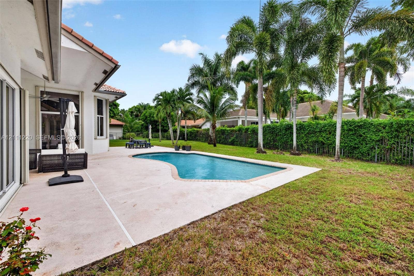 134 Dockside Terrace, Weston, FL 33327 Concrete patio, in-ground swimming pool, manicured lawn, established palm trees, and privacy-focused hedge perimeter