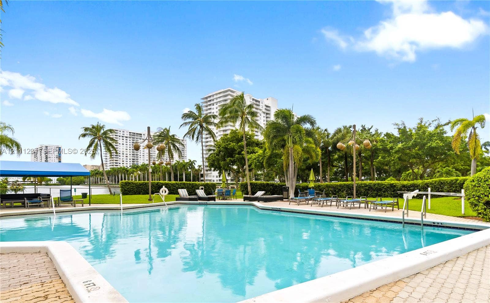 Swimming pool featuring a paved perimeter, metal handrails, blue canopy structure, and landscaped grounds with mature palm trees