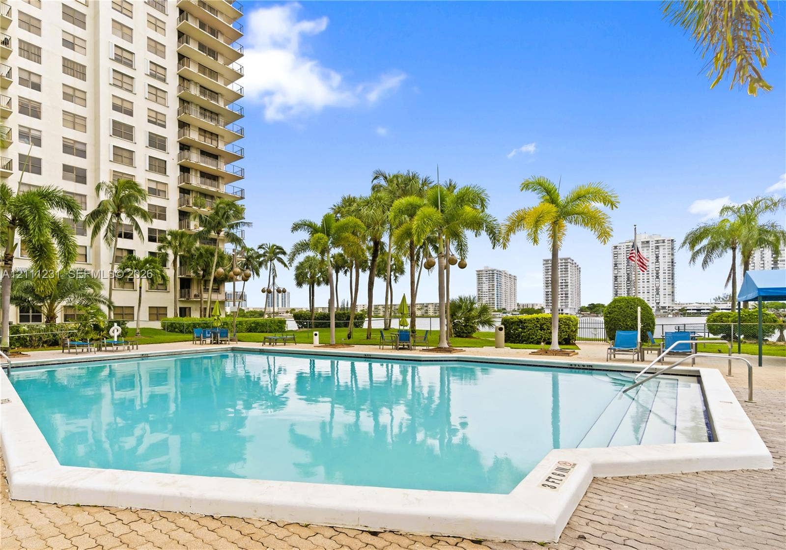 In-ground swimming pool featuring a concrete deck, built-in steps, and surrounding mature palm trees