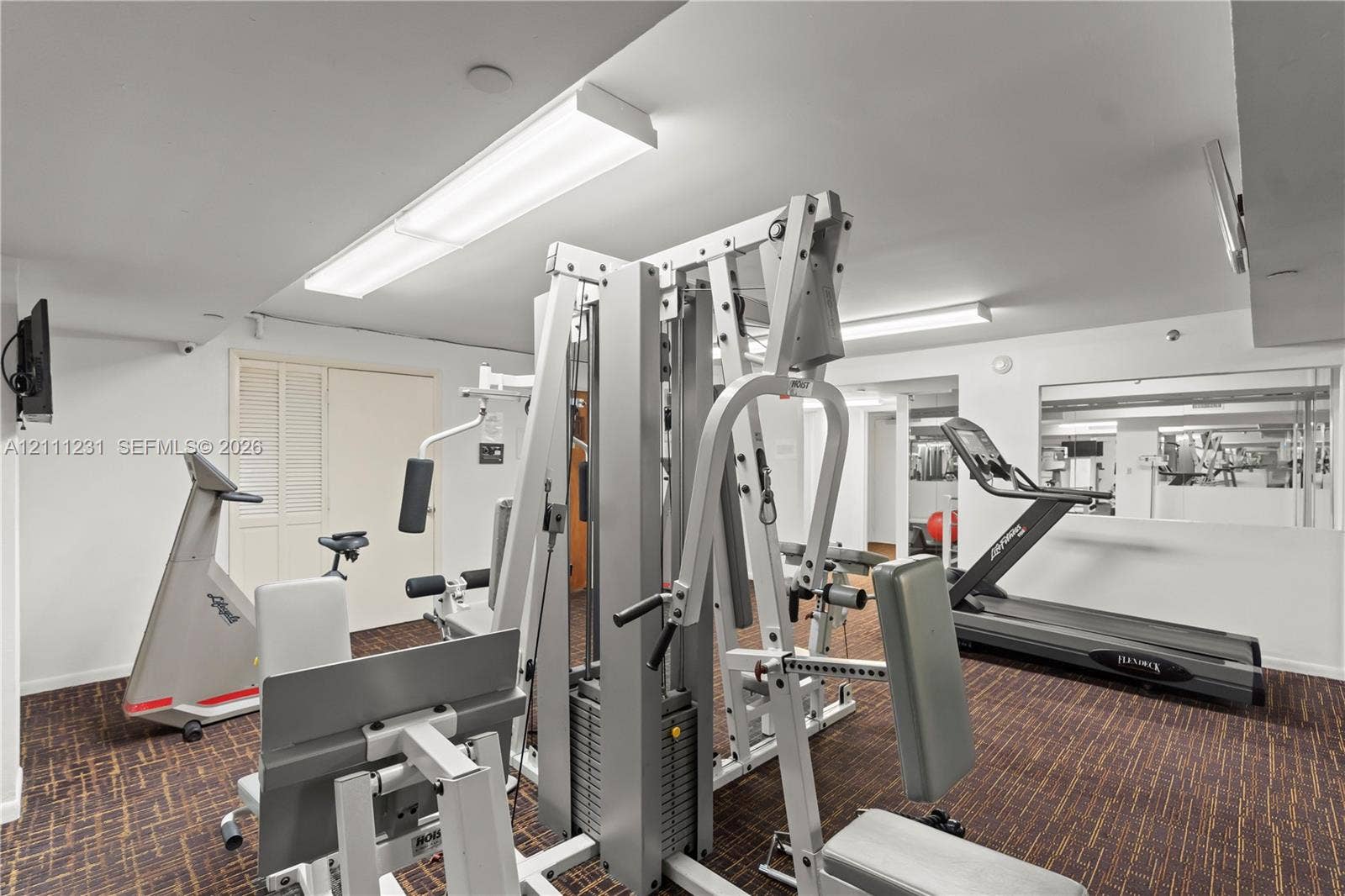 Fitness room featuring wall-to-wall carpeting, recessed and linear fluorescent lighting, and a large built-in wall mirror