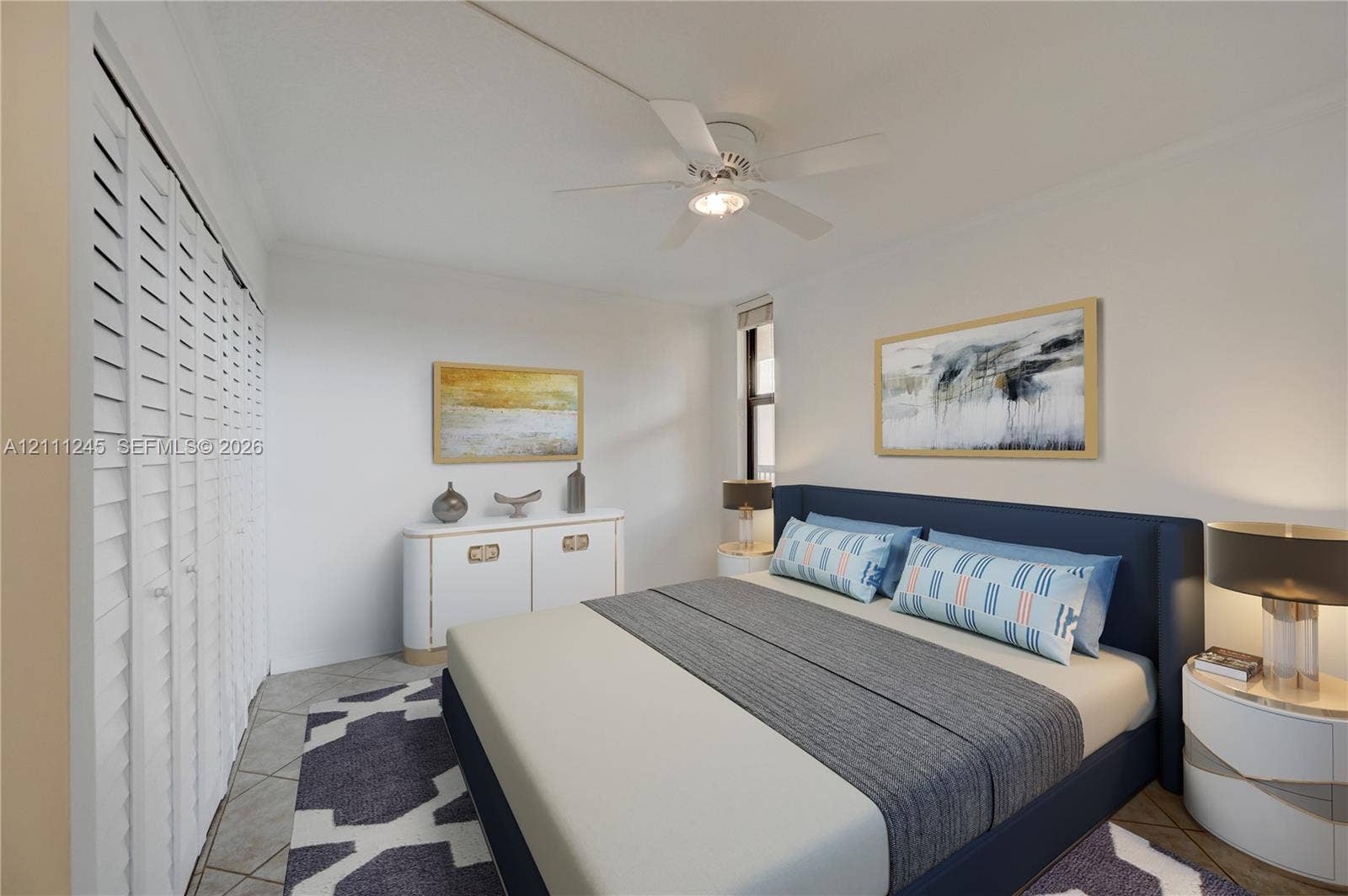 6800 Cypress Road, #506, Plantation, FL 33317 Bedroom featuring tile flooring, white louvered-style closet doors, and a ceiling-mounted light fixture with fan