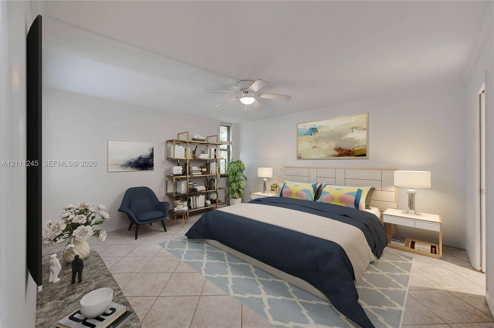 6800 Cypress Road, #506, Plantation, FL 33317 Spacious room featuring neutral tile flooring, a centered ceiling fan with integrated lighting, and a window