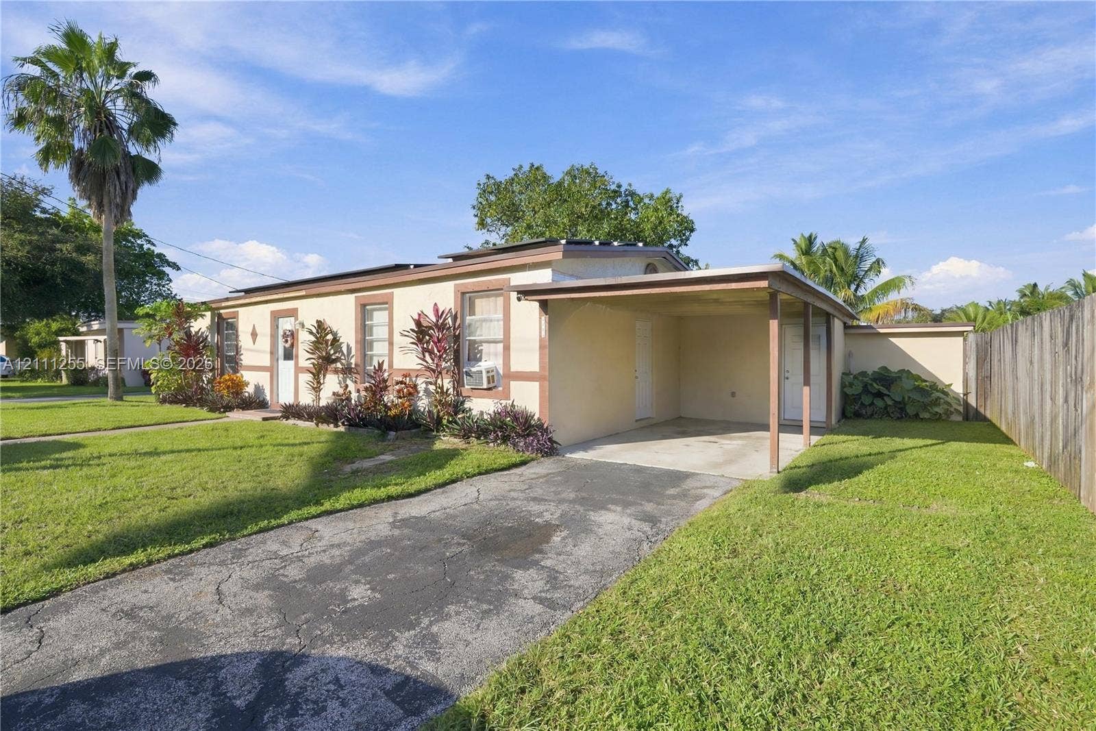 Single-story exterior featuring a stucco finish, attached carport, concrete driveway, and landscaping with mature palm trees