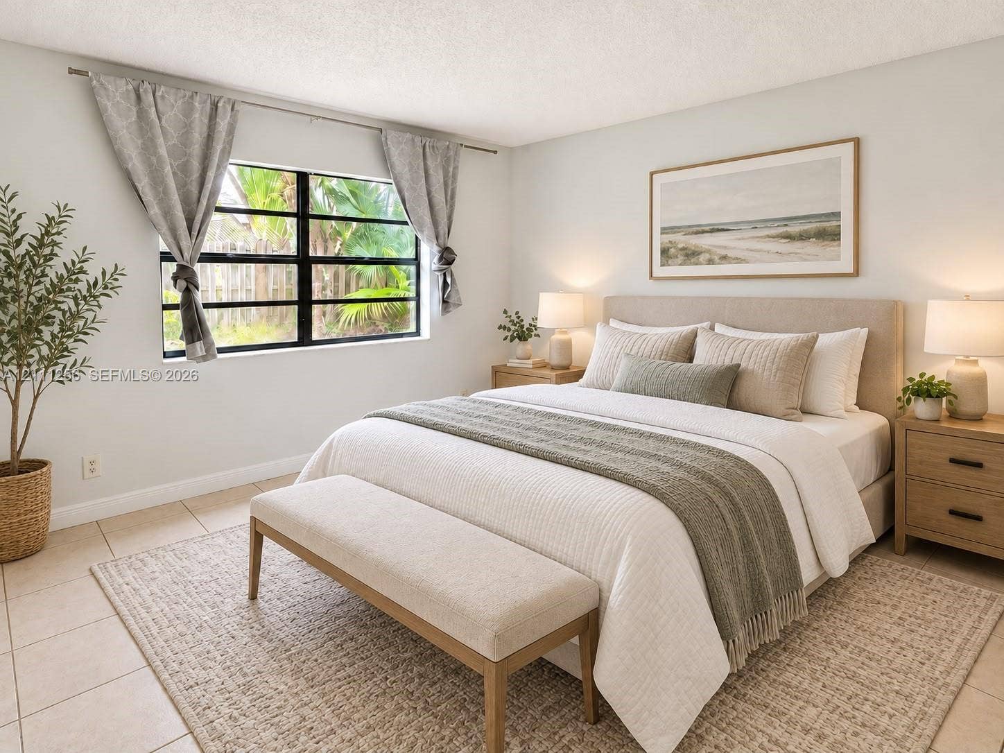 Neutral-toned ceramic tile flooring, horizontal grid-pane window, and textured walls