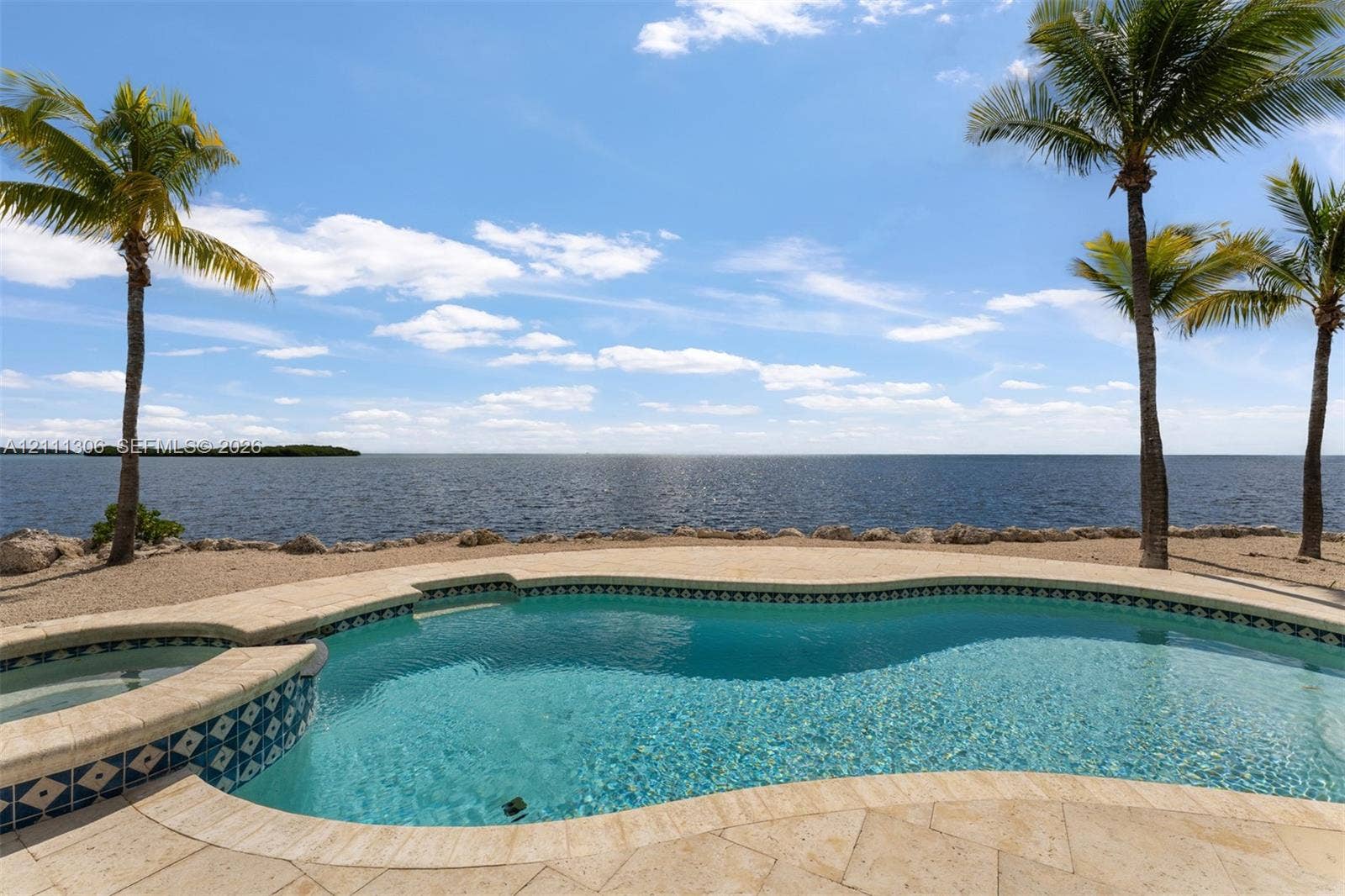 Custom-shaped swimming pool with an integrated spa, featuring stone-tiled decking and decorative tile accents, set against a waterfront backdrop with established palm trees