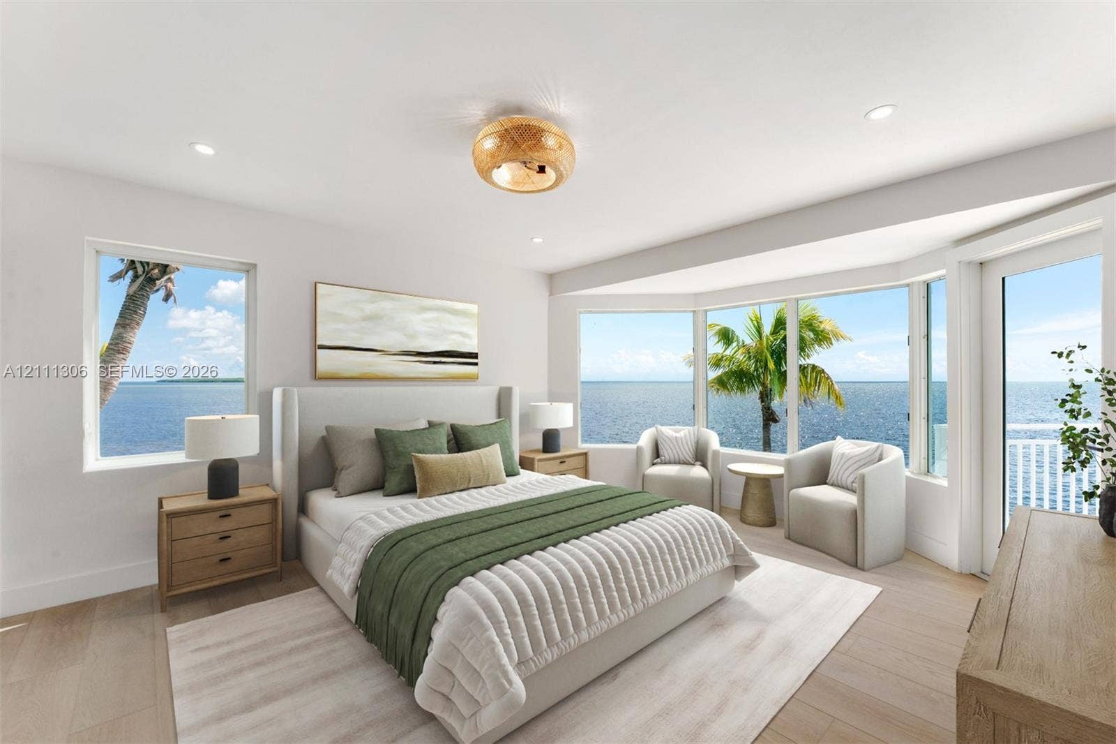 Bedroom featuring wood-finish flooring, recessed lighting, a textured semi-flush mount fixture, multi-pane bay windows, and a glass-paneled door