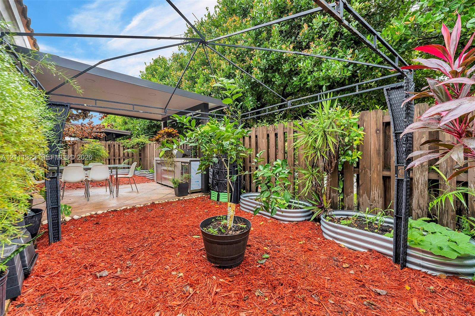 Rear courtyard featuring a metal-frame pergola, corrugated steel raised garden beds, red mulch ground cover, and a vertical wood privacy fence