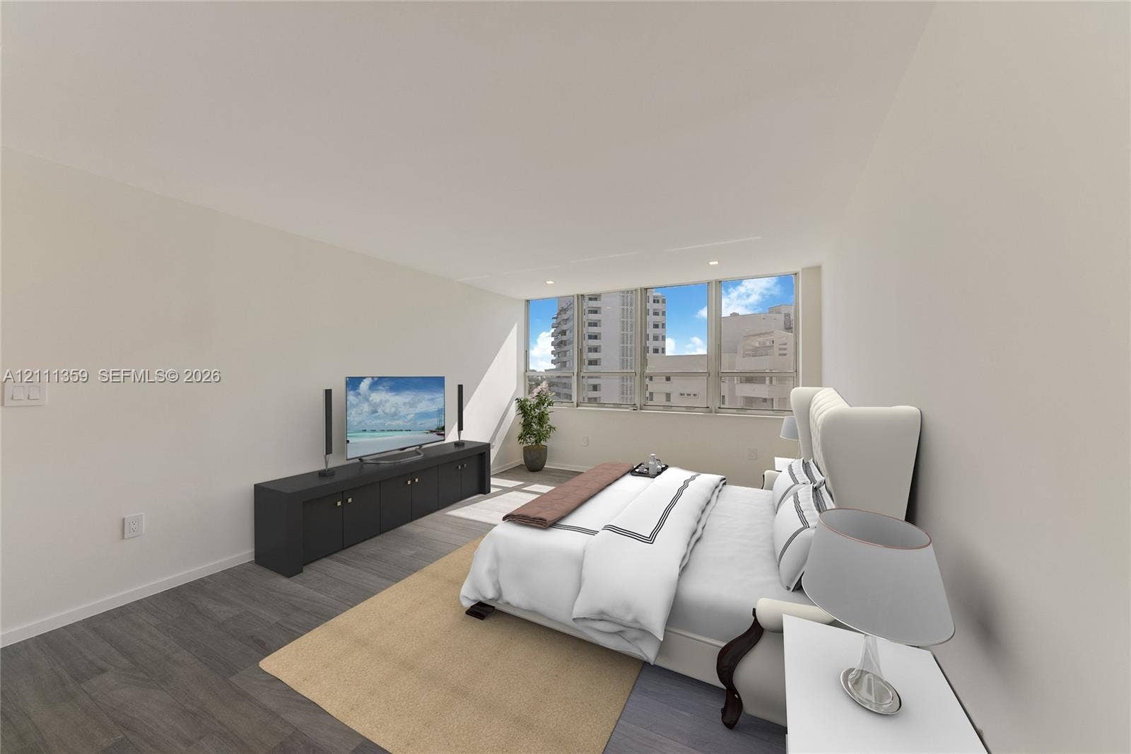 11 Island Avenue, #908, Miami Beach, Miami Beach, FL 33139 Neutral-toned room featuring expansive floor-to-ceiling windows and wood-finish flooring