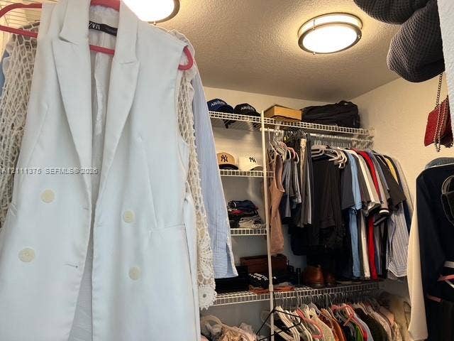 Storage space featuring white wire shelving units and dual mounted flush-mount ceiling lights