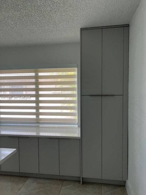 Custom floor-to-ceiling cabinetry, matte grey finish, white solid-surface countertop, and horizontal banded window shades