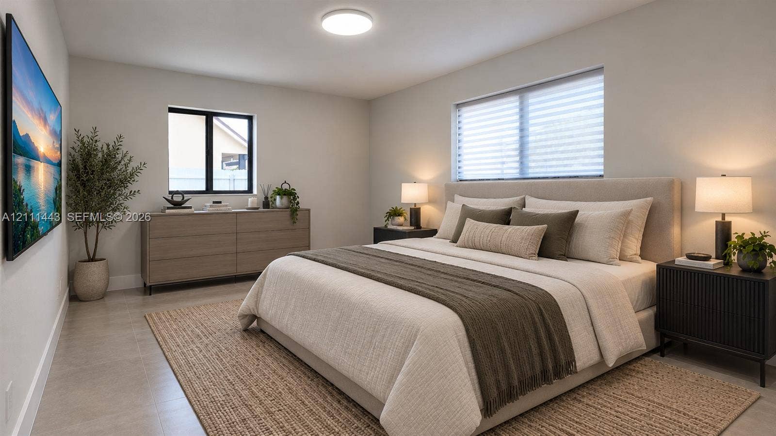 Digitally Staged - Neutral-toned room featuring light-colored tile flooring, flush-mount overhead lighting, and windows with black frames