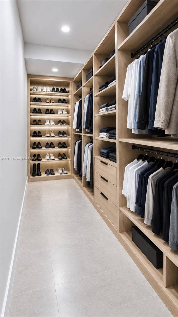 Digitally Staged - Custom closet featuring wood-finish shelving, integrated shoe storage, soft-close drawers, recessed ceiling lighting, and tile flooring