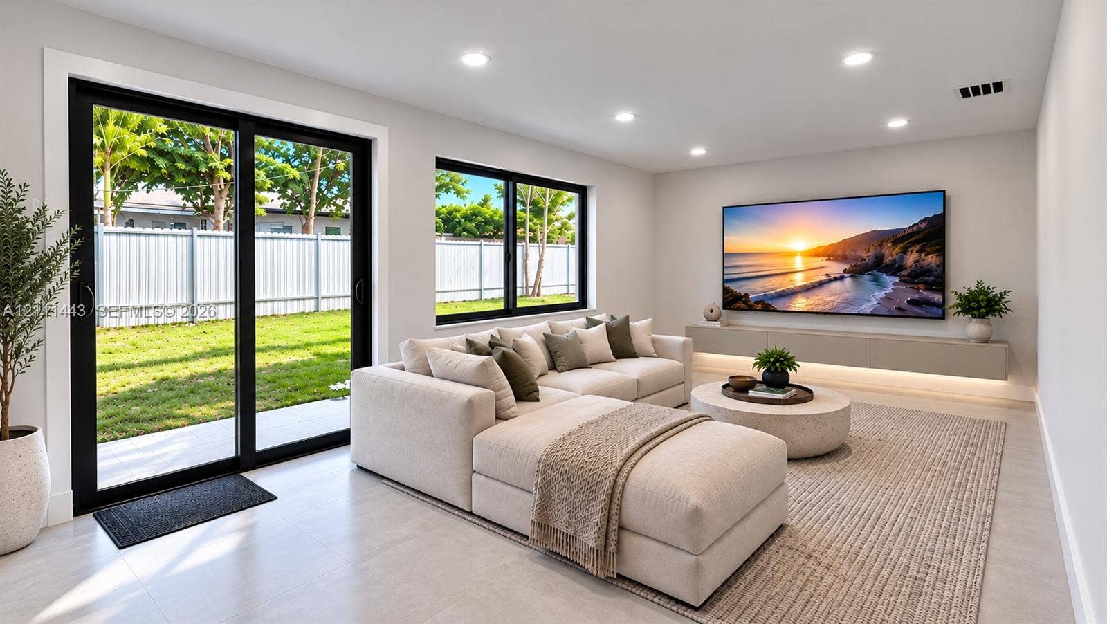 Dugitally Staged Family Room with lots of natural lighting and views to the large back yard.