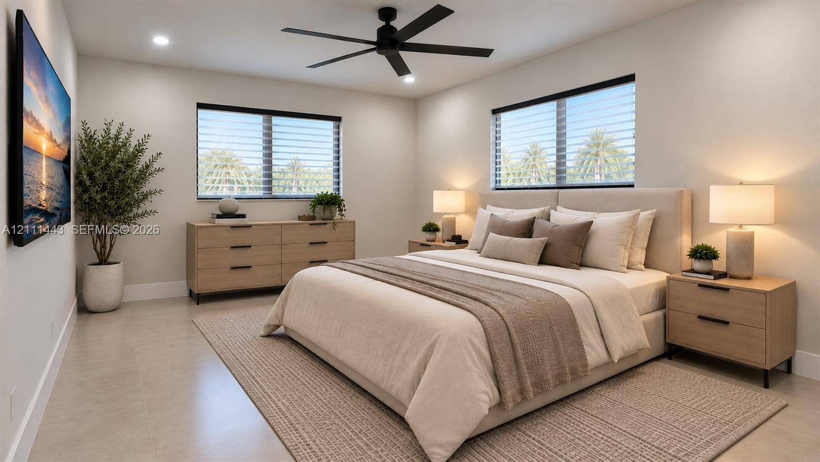 Digitally Staged - Neutral-toned tile flooring, recessed lighting, matte black ceiling fan, and horizontal window blinds