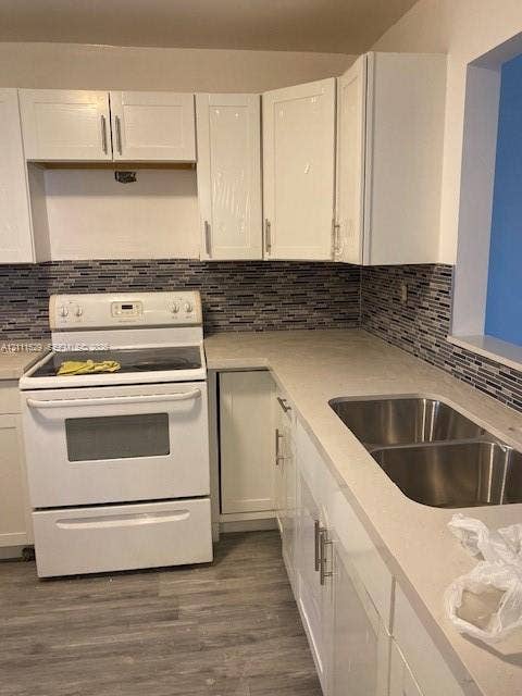 406 NW 68th Avenue, #118, Plantation, Plantation, FL 33317 Kitchen featuring white cabinetry, solid-surface countertops, dual-basin stainless steel sink, mosaic tile backsplash, and wood-finish flooring