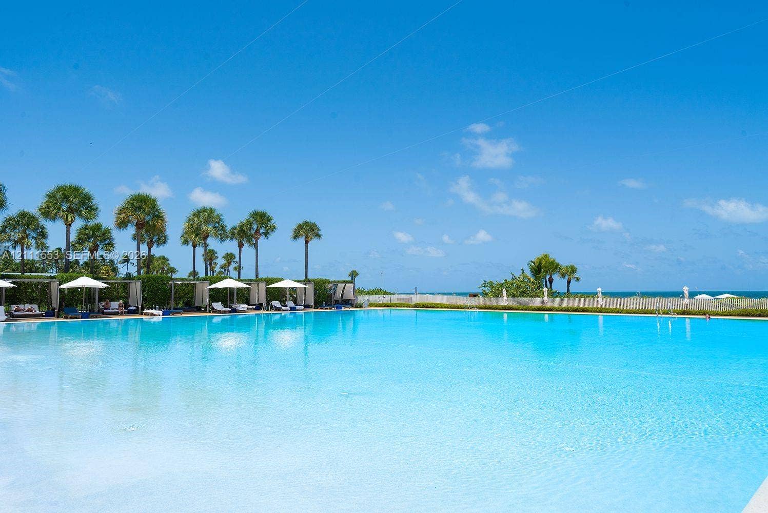 Zero-entry swimming pool featuring a broad horizon line, surrounded by mature palm trees and structural cabanas